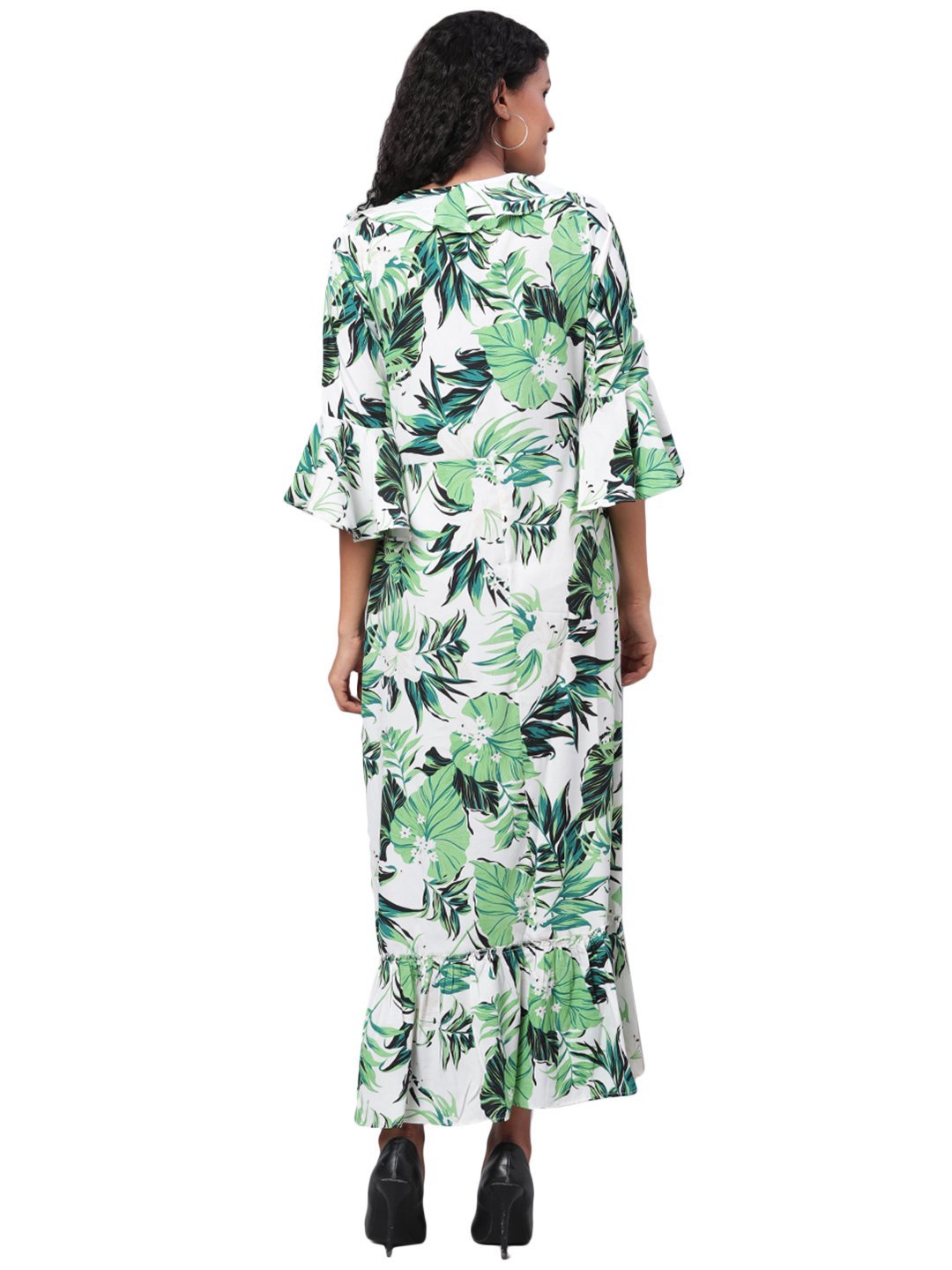 Women's Green Printed 3/4 Sleeve Polyester V Neck Casual Kurta Only - Myshka
