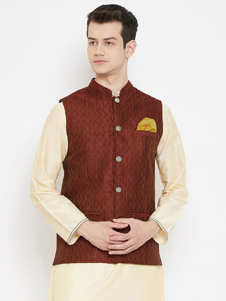 Men's Jacquard Maroon Silk Nehru Jacket