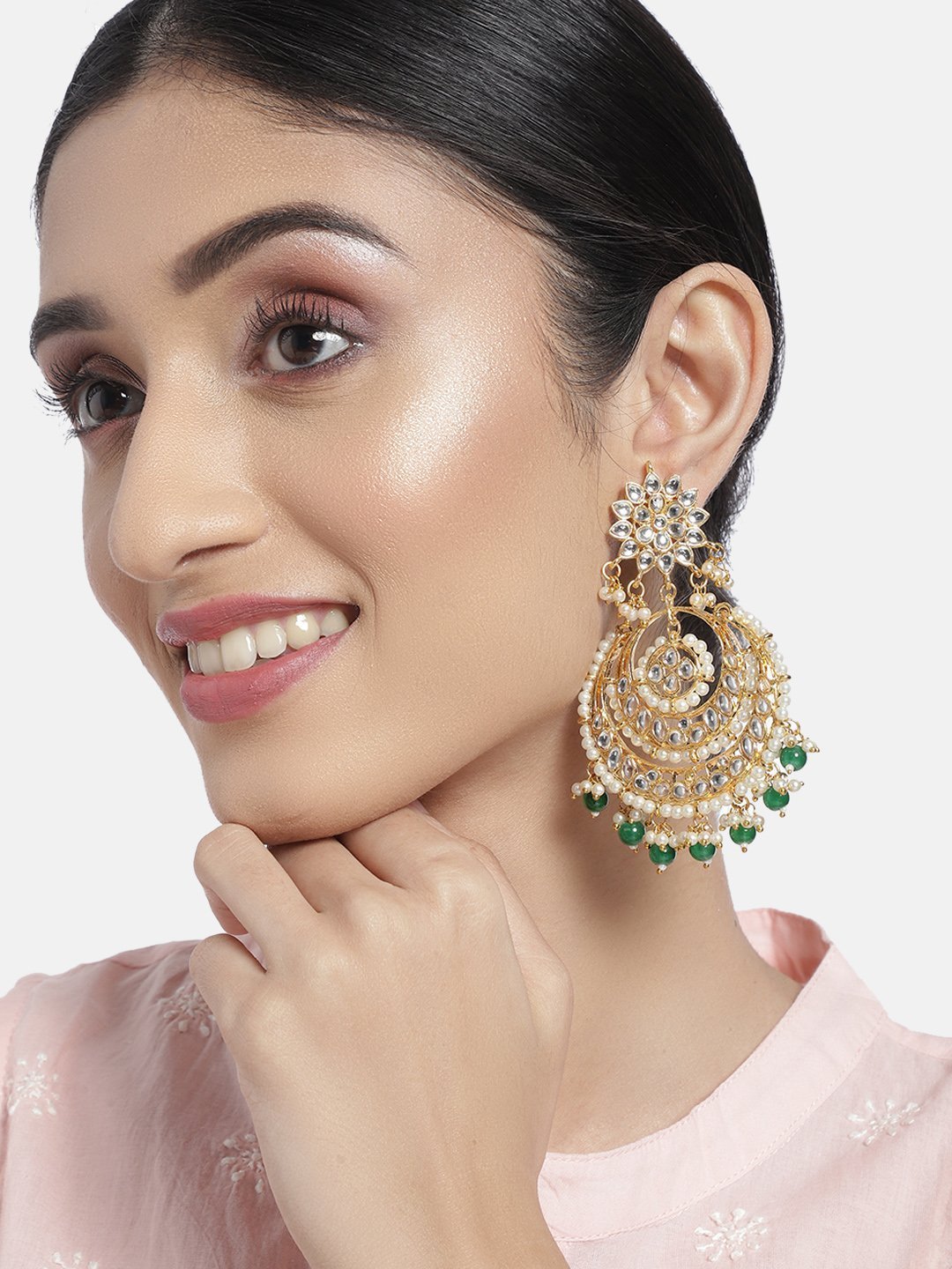 Women's  Green Gold Plated Alloy Traditional Handcrafted Beaded Big Chandbali Earrings - i jewels