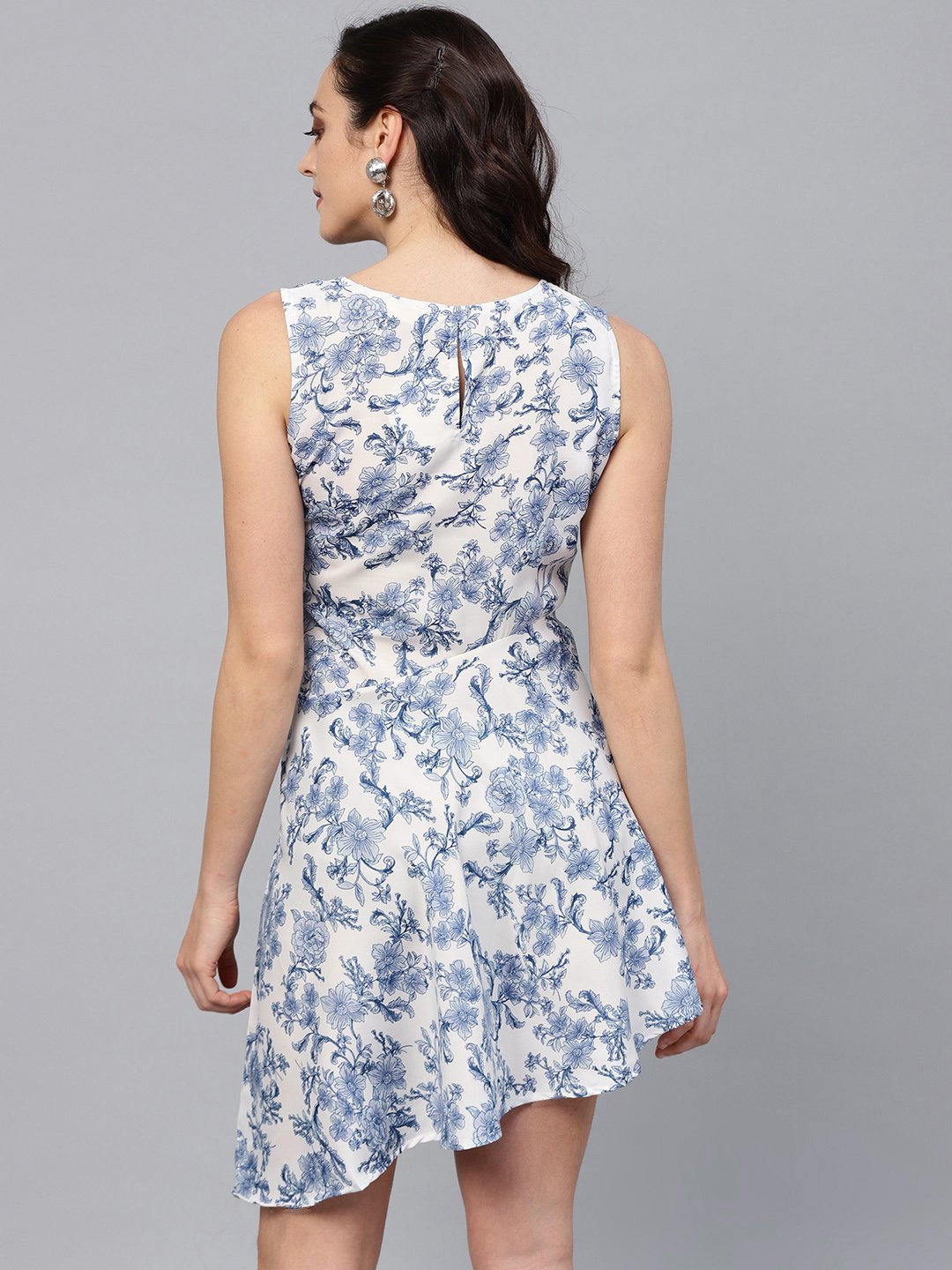 Women's Blue Polyester Printed Sleeveless Round Neck Dress - Myshka
