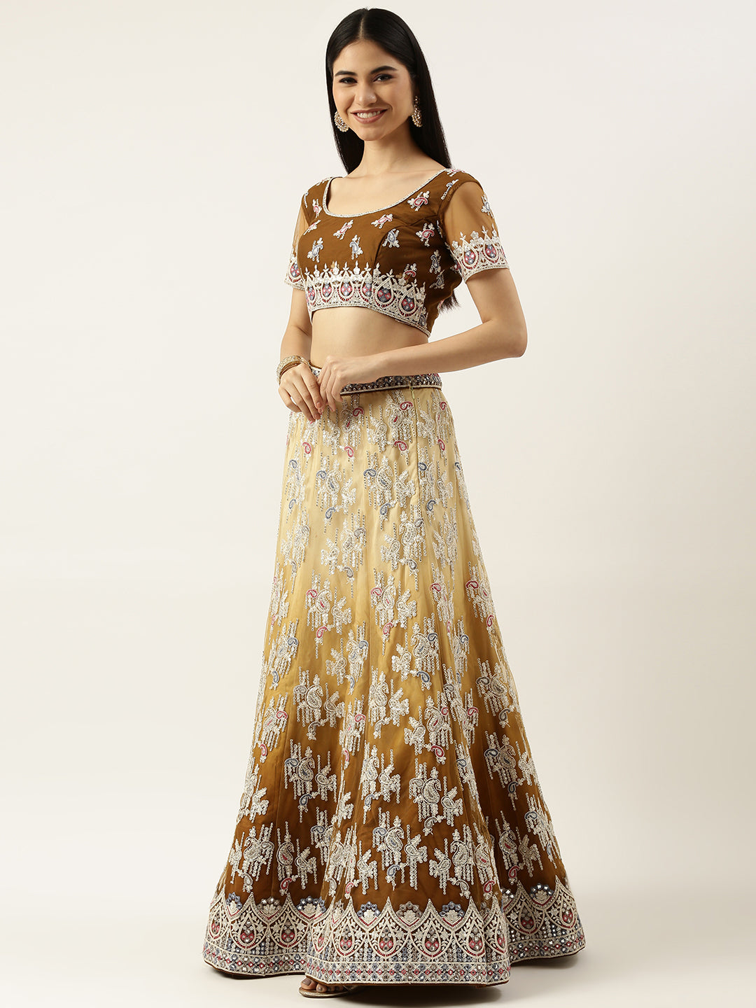 Women's Mustard Net Multi Colour Thread Embroidered Lehenga & Blouse, Dupatta - Royal Dwells