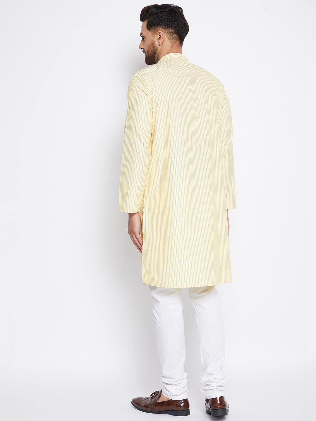 Men's Pure Cotton Striped Yellow Kurta - Even Apparels