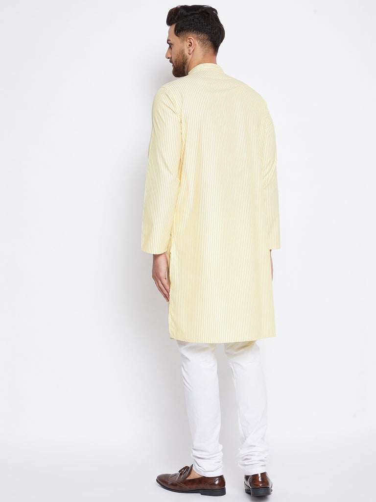 Men's Cotton Striped Yellow Kurta