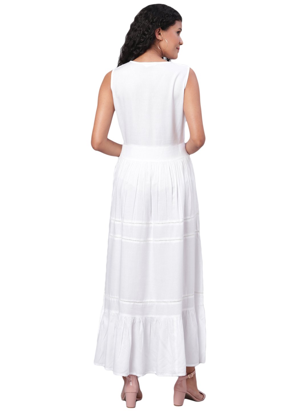 Women's White Solid Sleeveless Cotton V Neck Casual Dress - Myshka