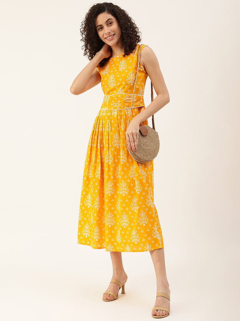 Women's Orange Printed Cowl Belt Cotton Dress