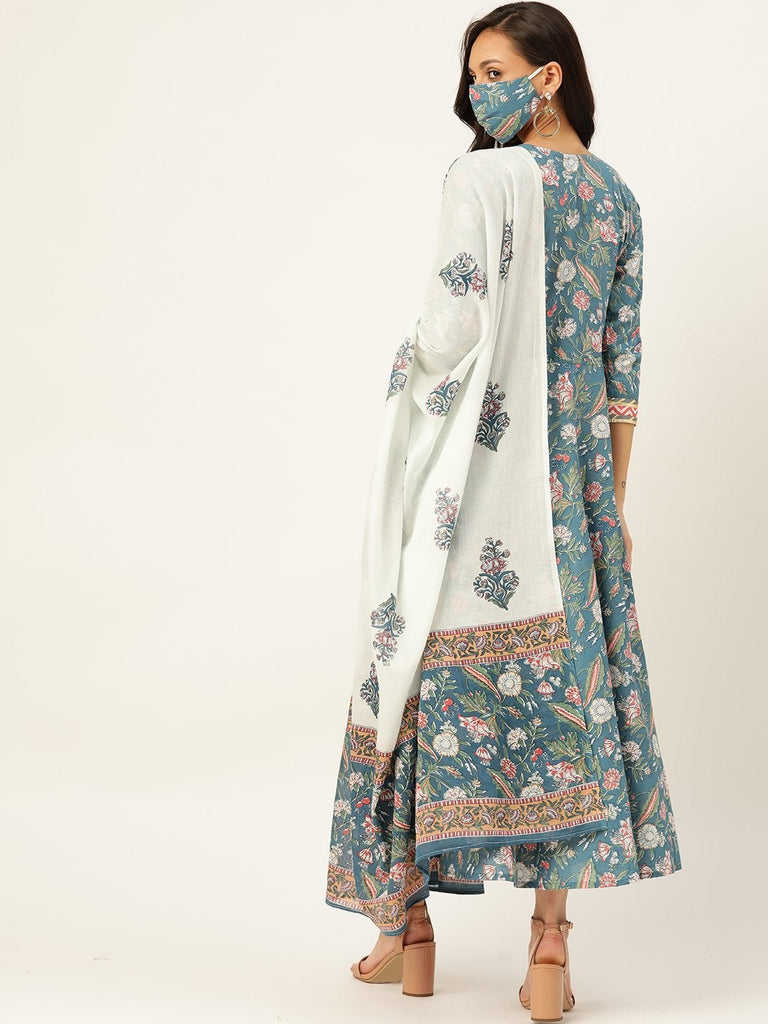 Women's Blue Cotton Gotta Work Anarkali With Dupatta