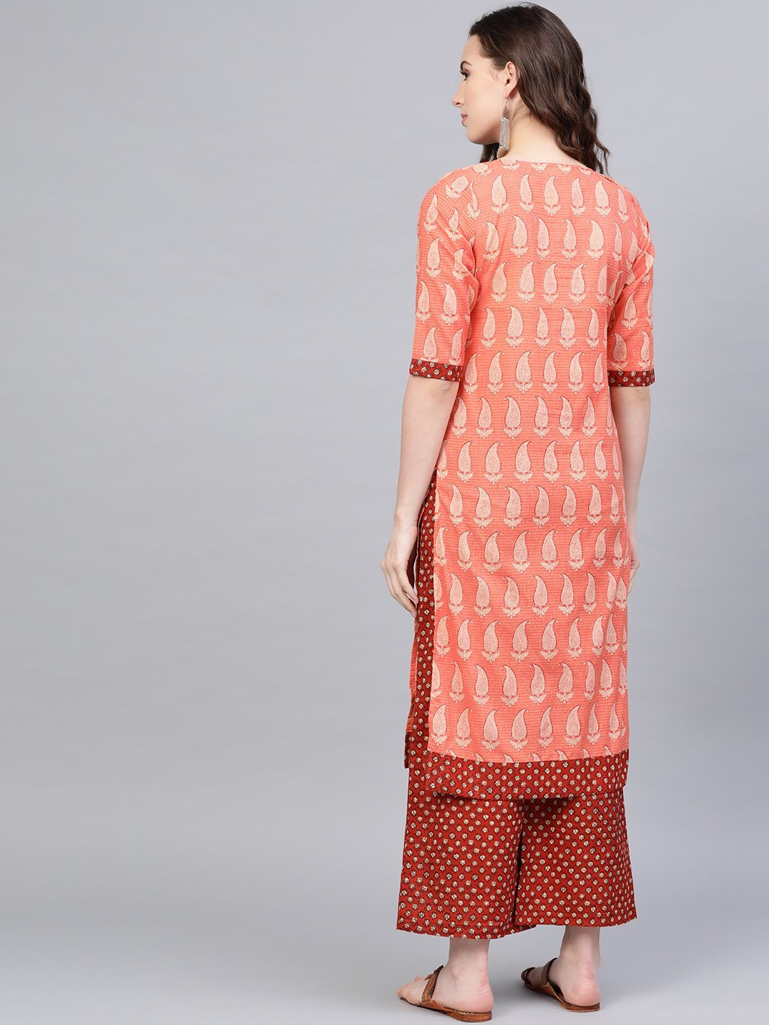 Women's Orange Cotton Printed Half Sleeve Round Neck Casual Kurta Palazzo Set - Myshka