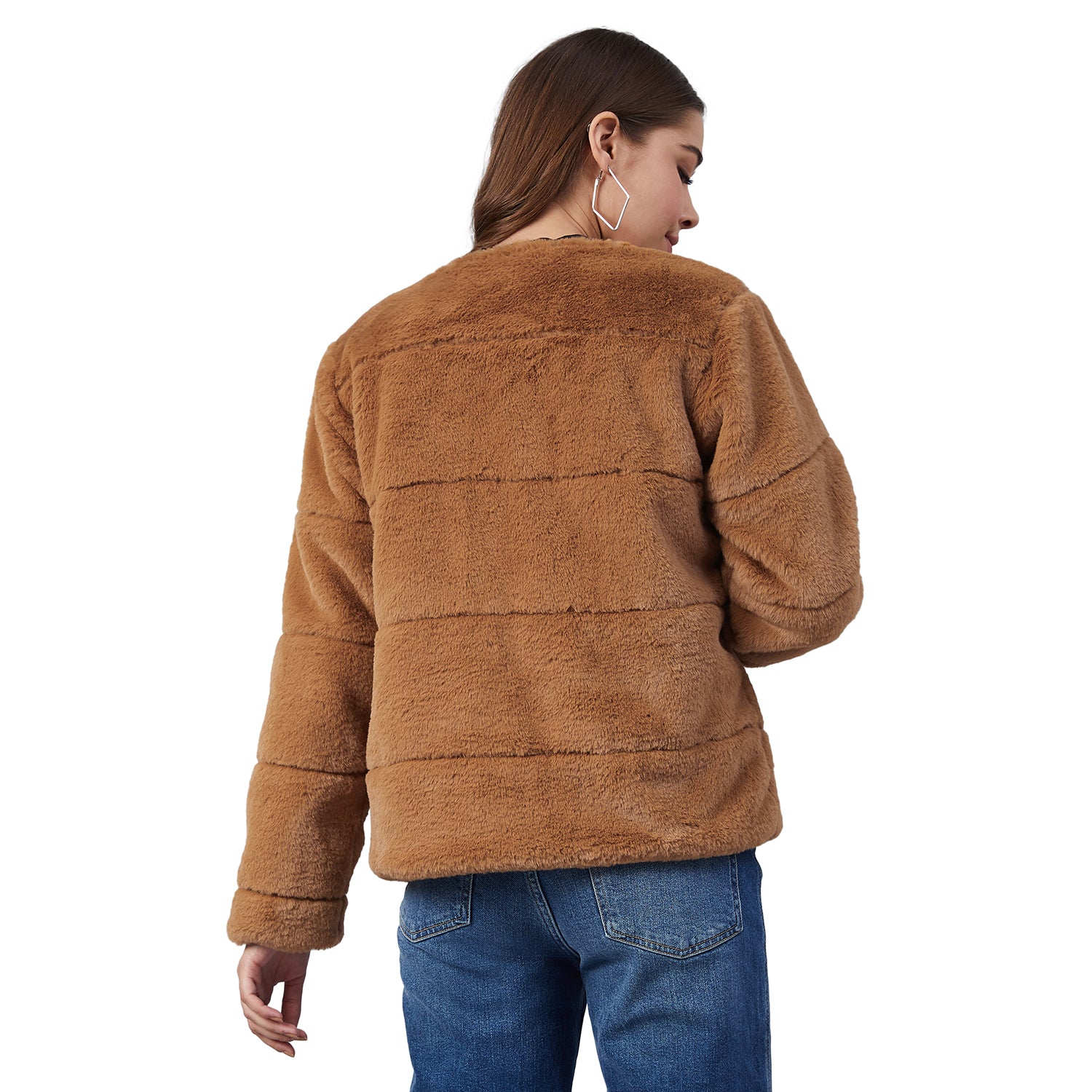 Women's Brown Faux Fur Open Jacket - StyleStone