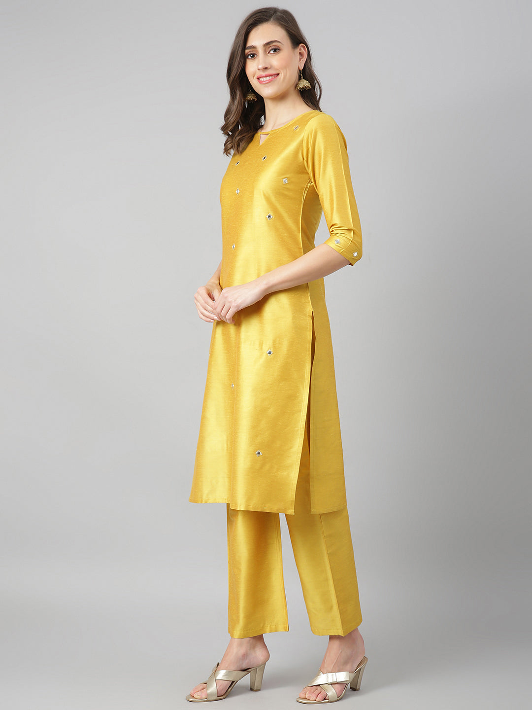 Women's Yellow Solid Mirror Embroidered Side Slit Kurta With Palazzo And Dupatta Set - Azira