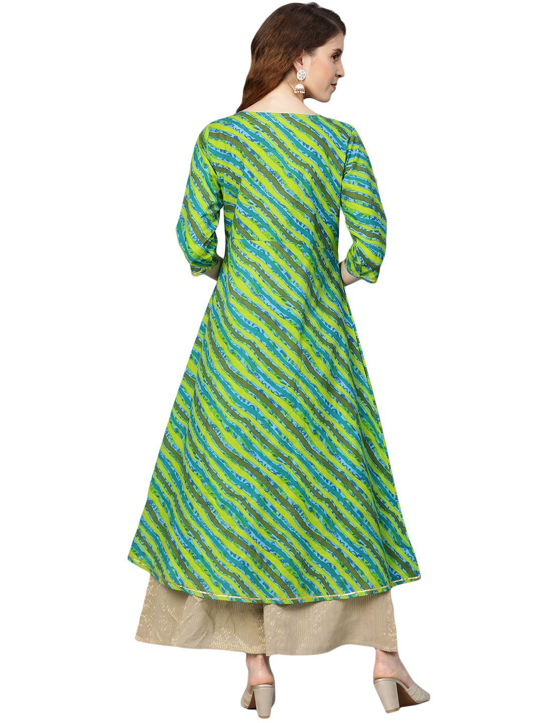 Women's Green Printed 3/4 Sleeve Cotton Round Neck Casual Kurta Only - Myshka