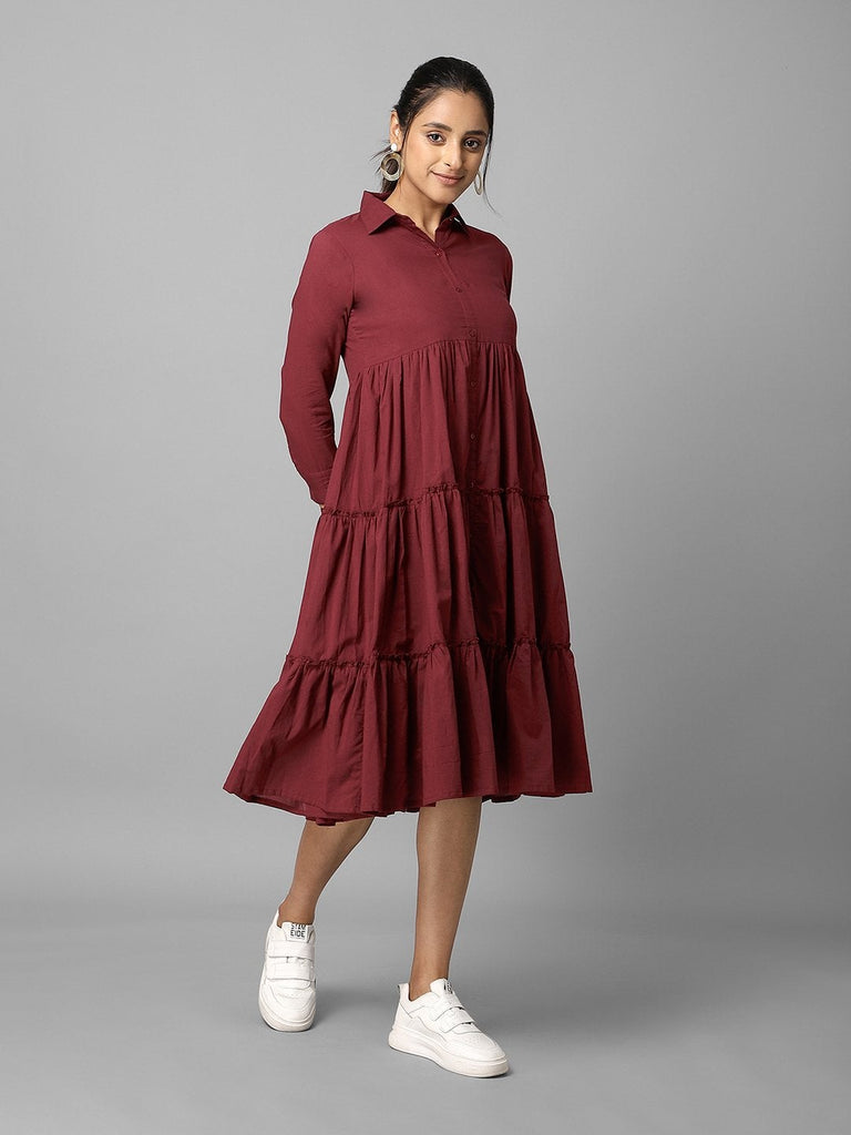 Women's Solid Wine Tiered A-Line Dress