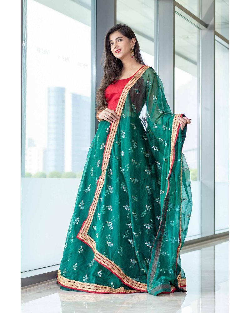 Women's Bottle Green And Red Lehenga Set (3pcs set)