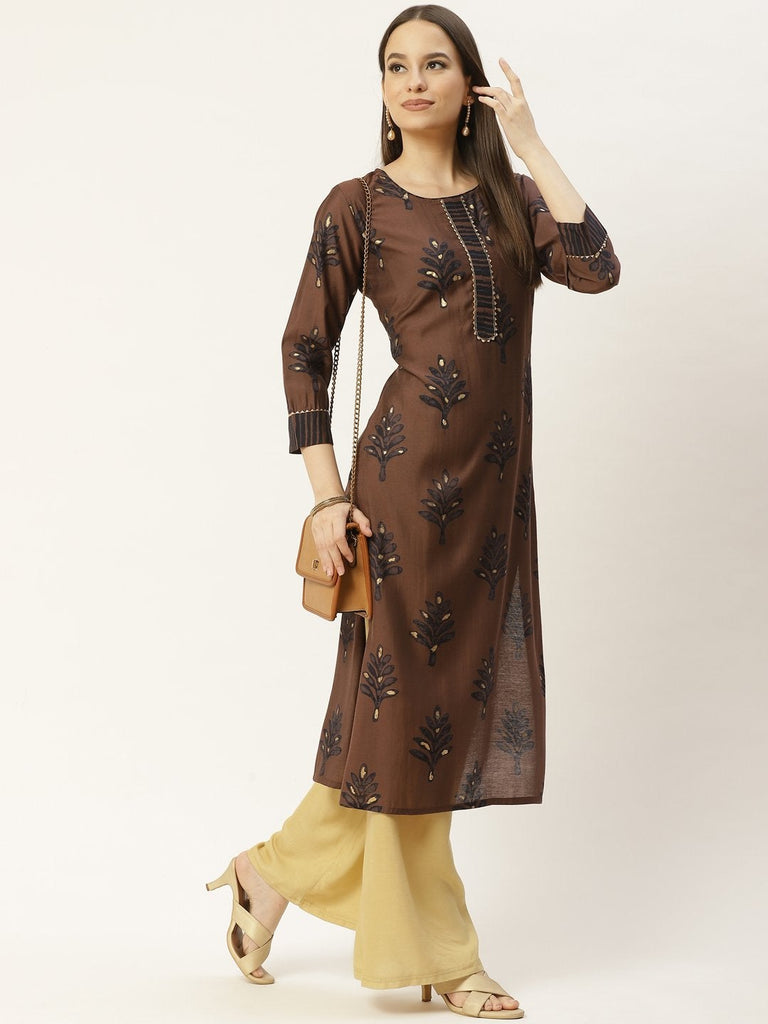 Women's Brown & Black Floral Printed Kurta (1pc)