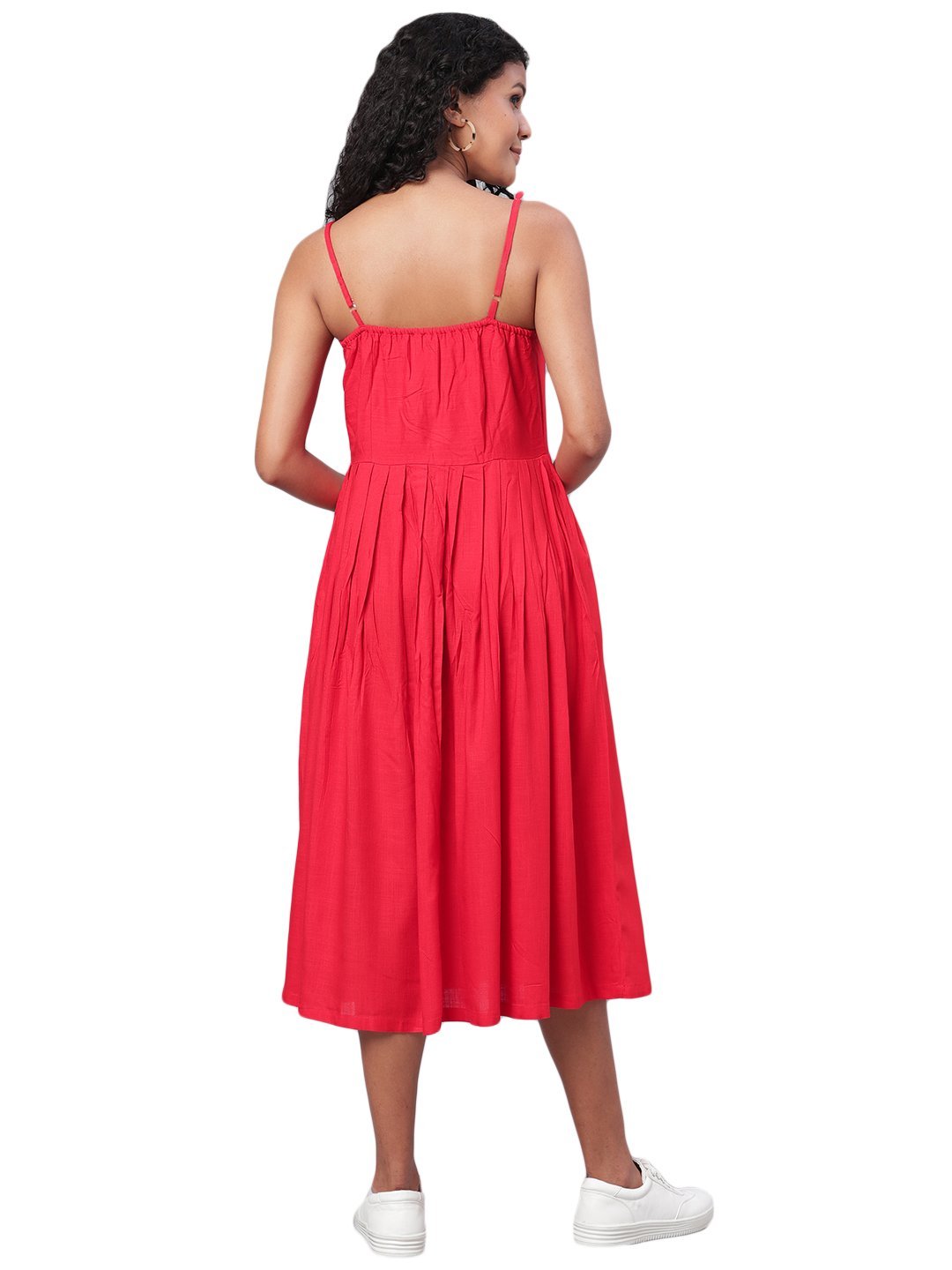 Women's Red Printed Sleeveless Cotton Slub Streps Neck Casual Dress - Myshka