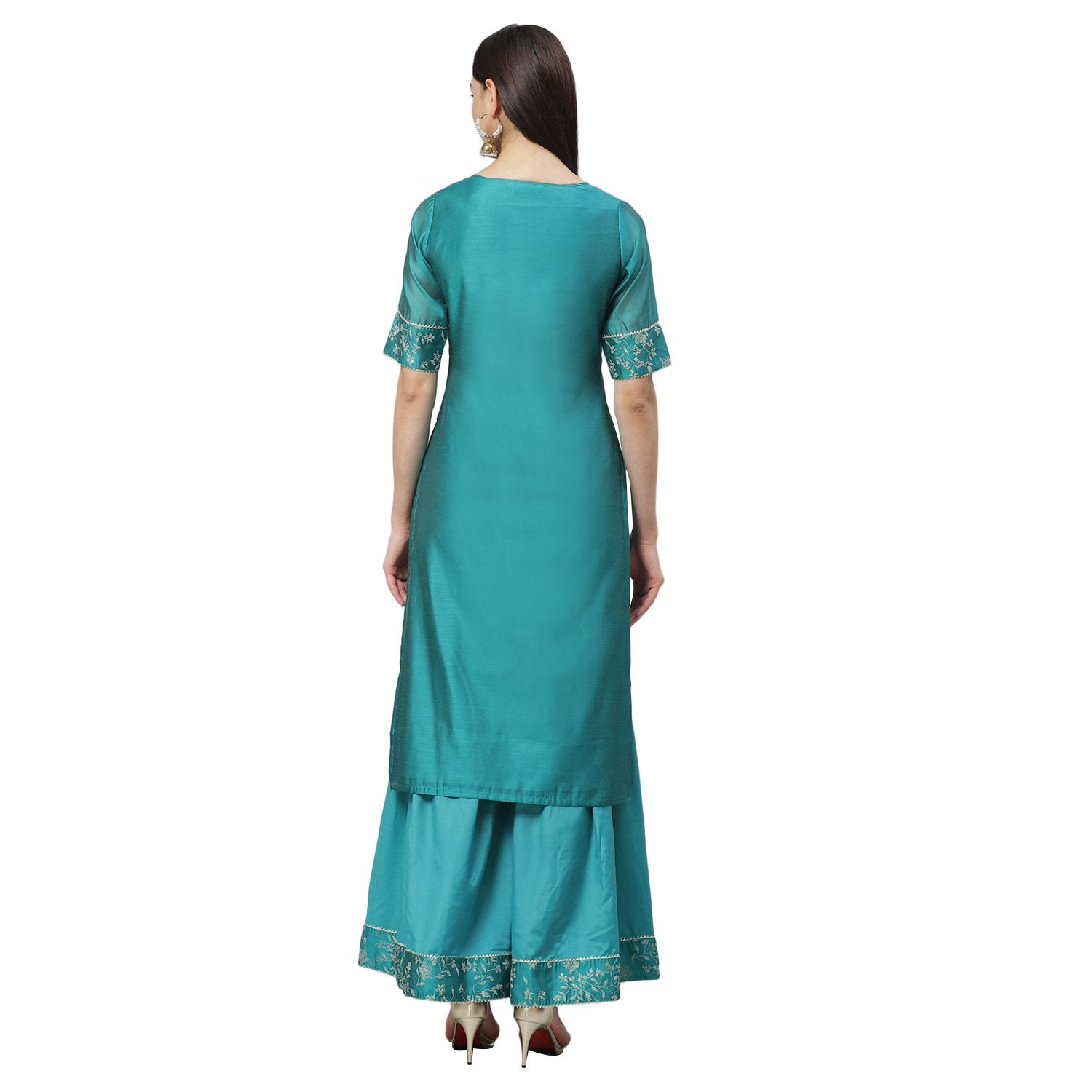 Women's Rama Green Chanderi Printed Half Sleeve Round Neck Casual Kurta Sharara Set - Myshka