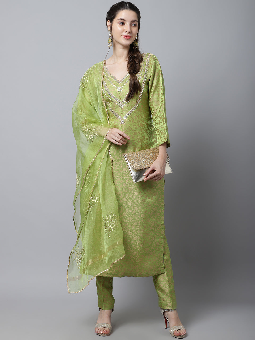 Women's Maharani Green Embroidered Kurti With Straight Pants And Organza Dupatta - Anokherang