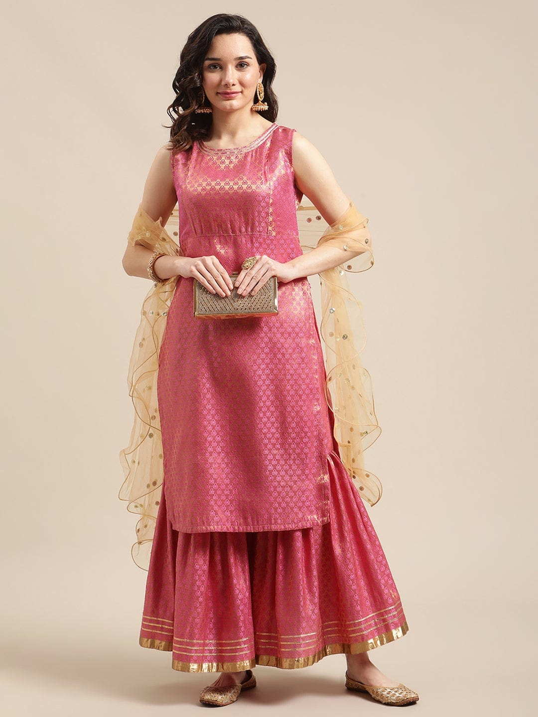Women's Pink And Gold Brocade Sleeveless Kurta Sharara Set With Sequins Ruffle Dupatta - Varanga