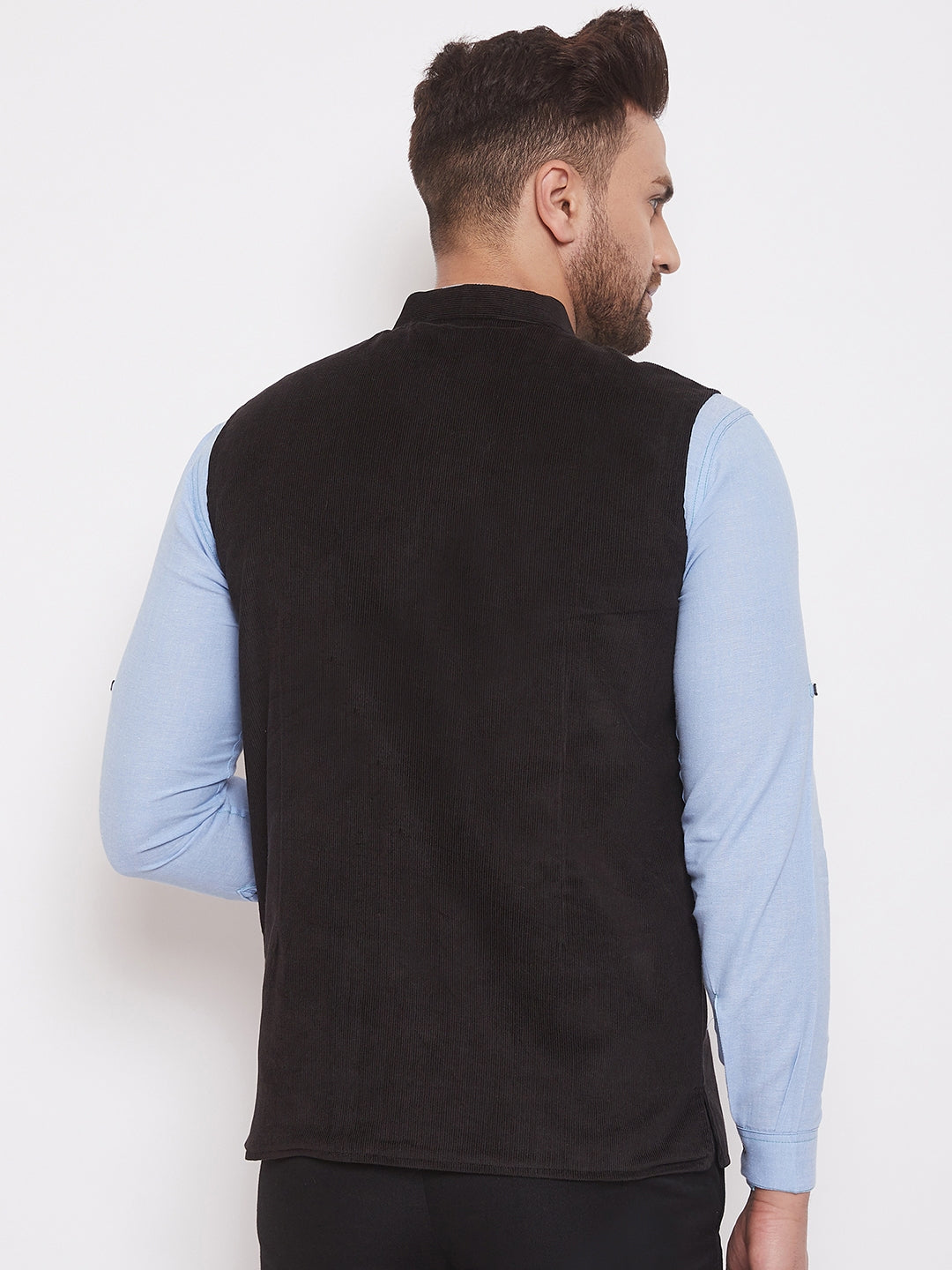 Men's Black Corduroy Solid Nehru Jacket