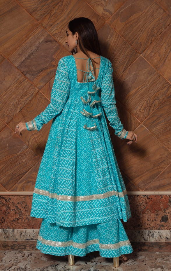 Women's Neelkari Blue Cotton Anarkali Suit Set - Pomcha Jaipur