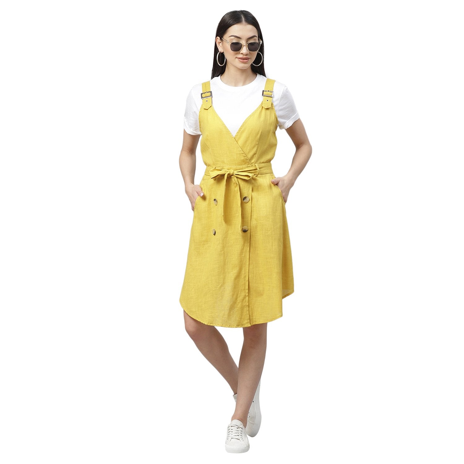 Women's Yellow Cotton Slub Solid Sleeveless Srep Neck Casual Dress - Myshka