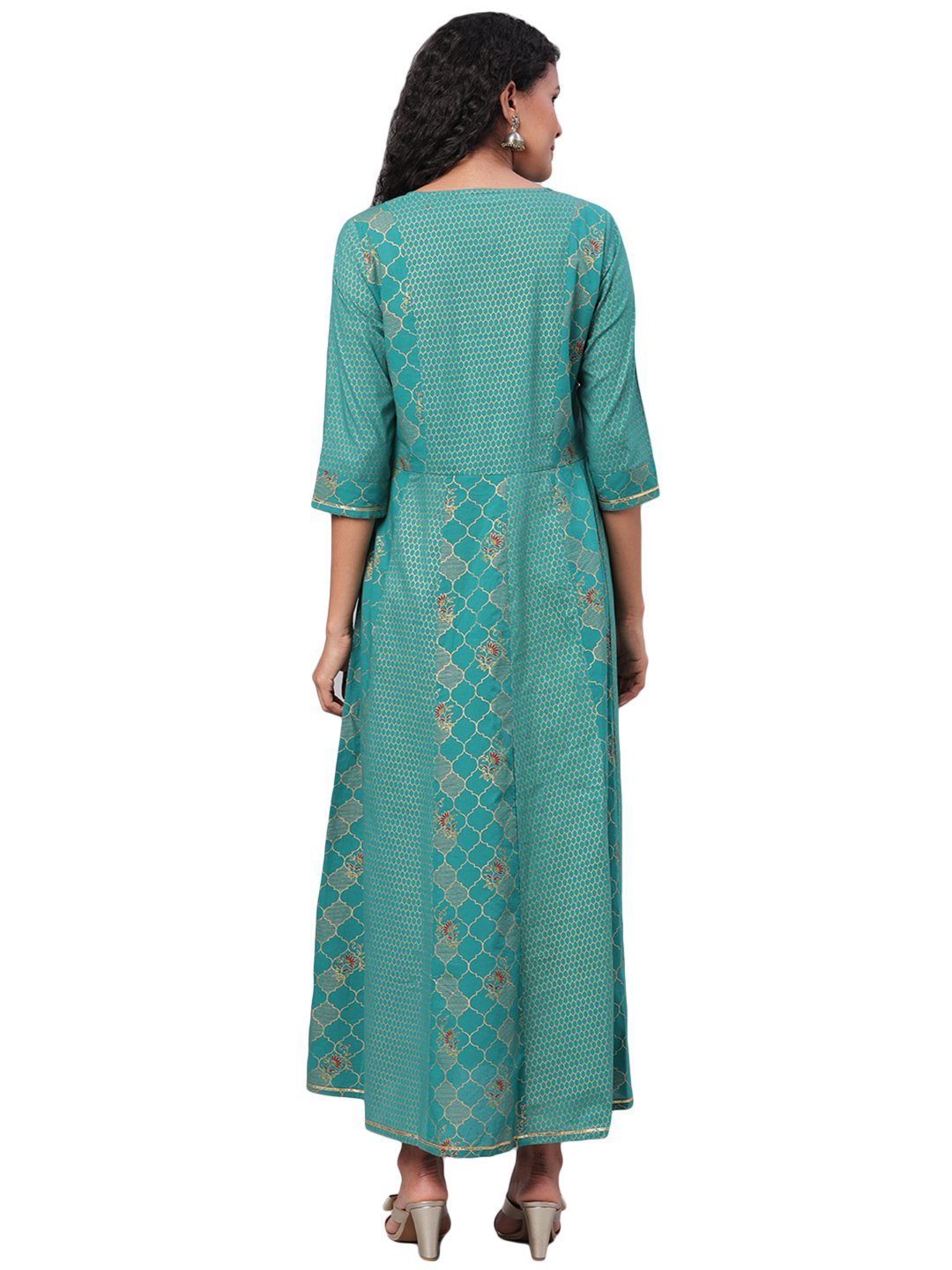 Women's Green Printed 3/4 Sleeve Cotton Round Neck Casual Anarkali Kurta Only - Myshka