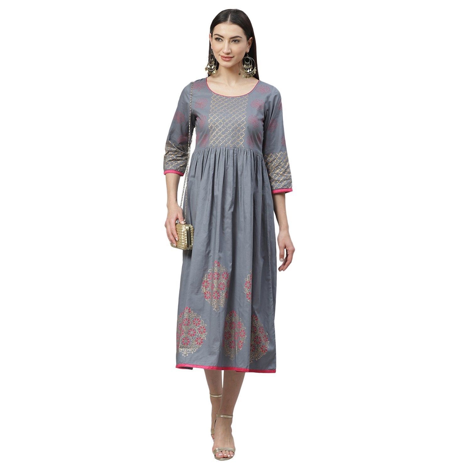 Women's Grey Cotton Printed 3/4 Sleeve Round Neck Casual Dress - Myshka