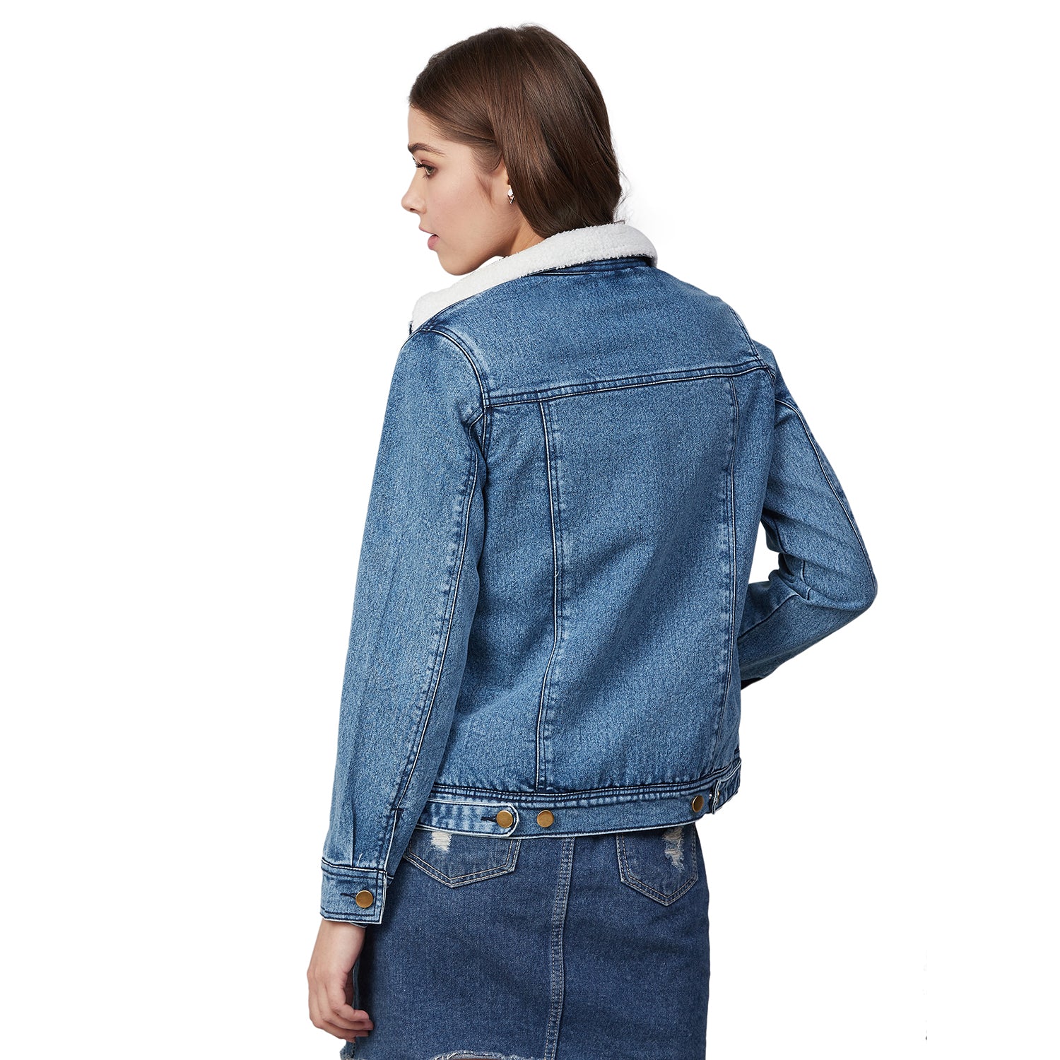 Women's Denim Jacket with Soft Warm Faux Fur Lining inside -Blue - StyleStone