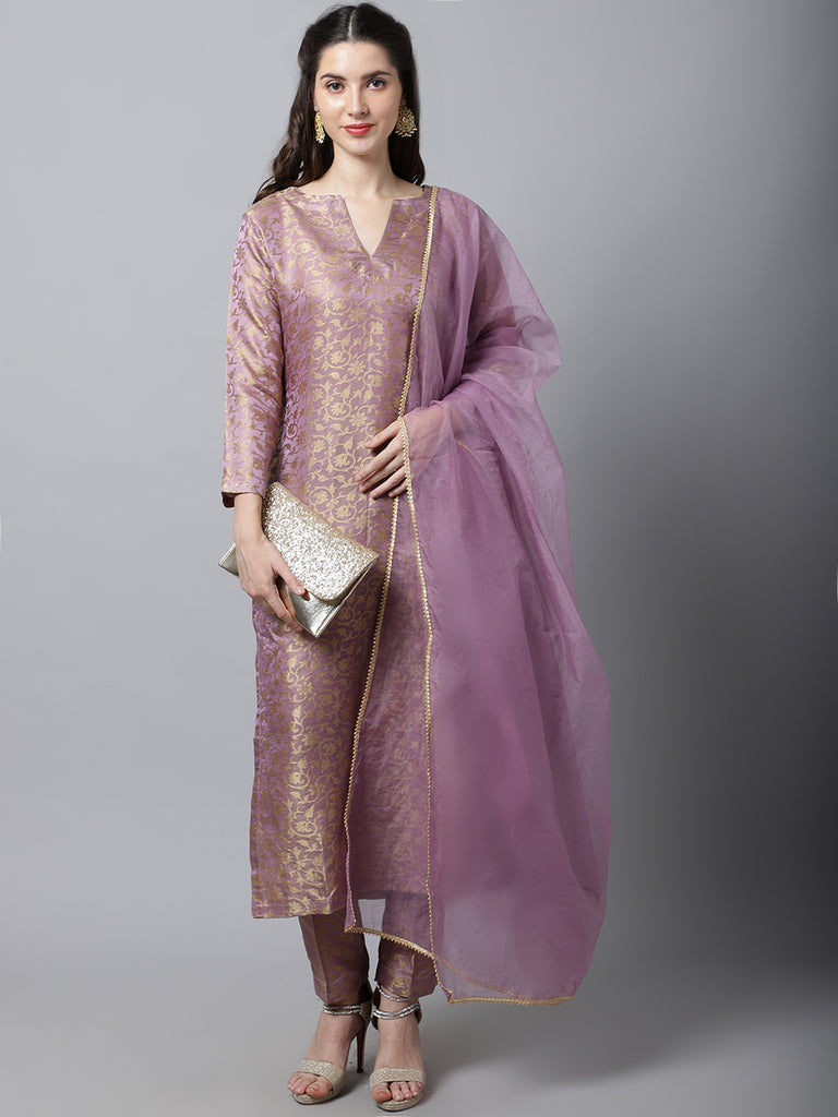 Women's Lilac Charm Brocade Straight Kurti With Straight Pants And Organza Dupatta