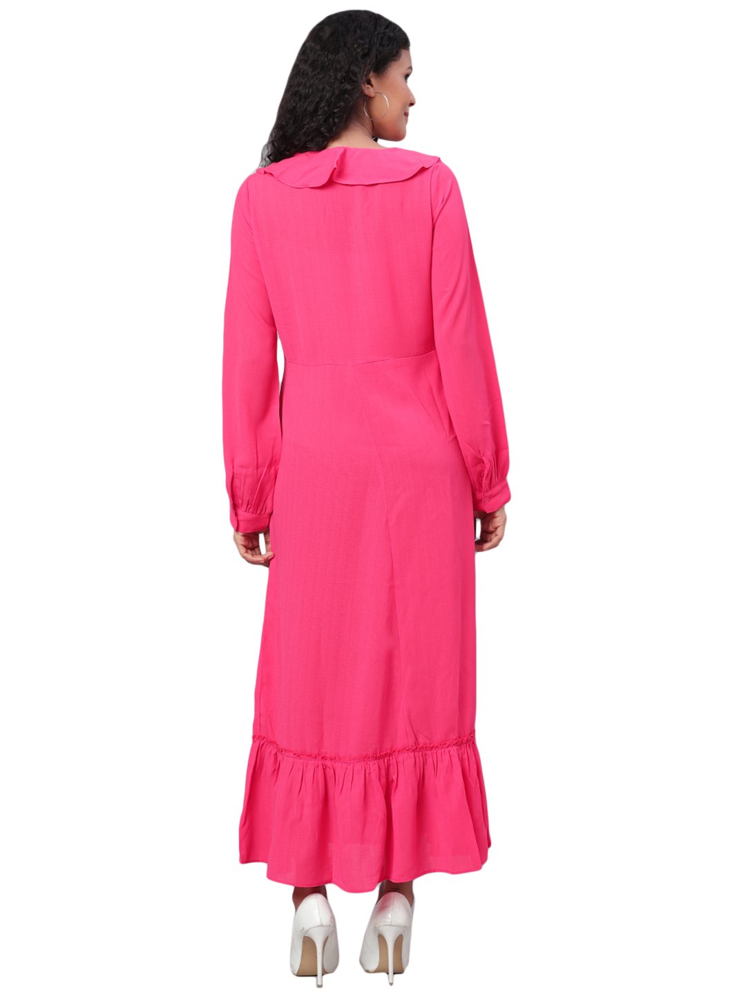 Women's Pink Solid Full Sleeve Polyester V Neck Casual Dress - Myshka