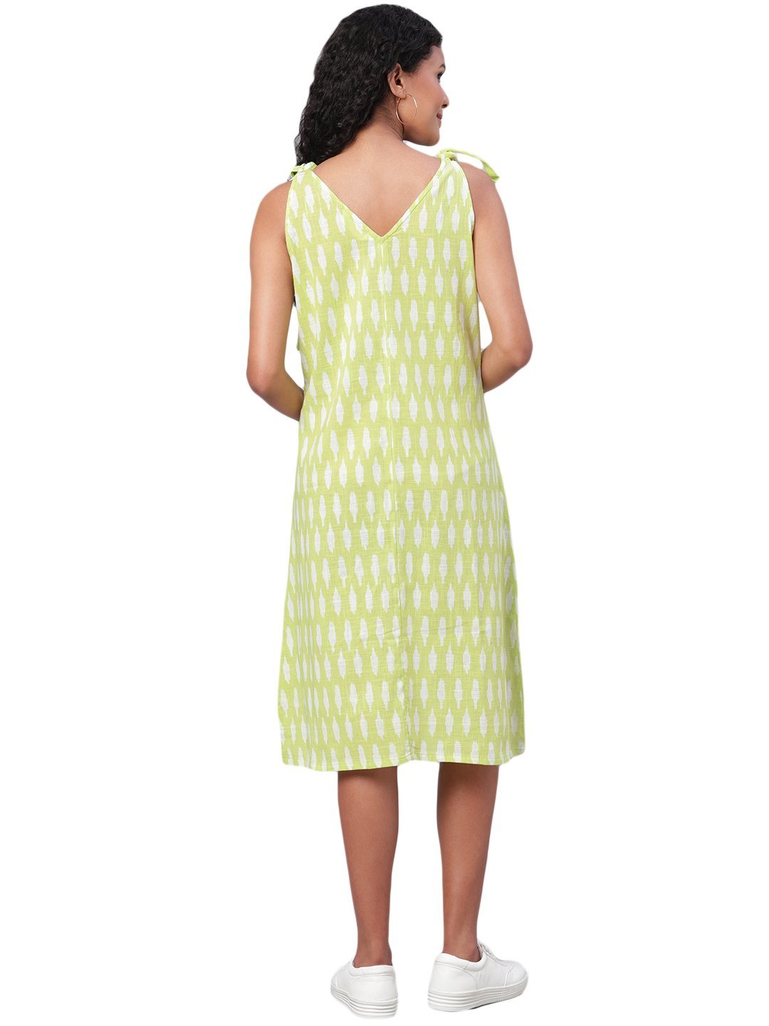 Women's Green Printed Sleeveless Cotton Slub V Neck Casual Dress - Myshka