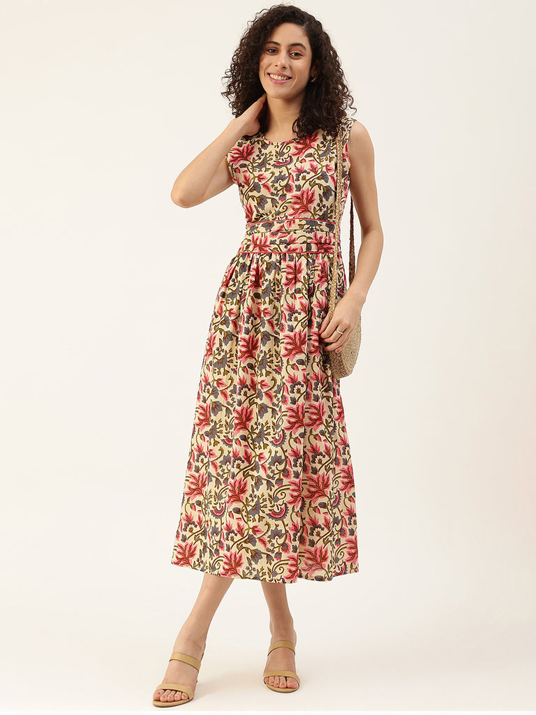 Women's Beige Printed Cowl Belt Cotton Dress