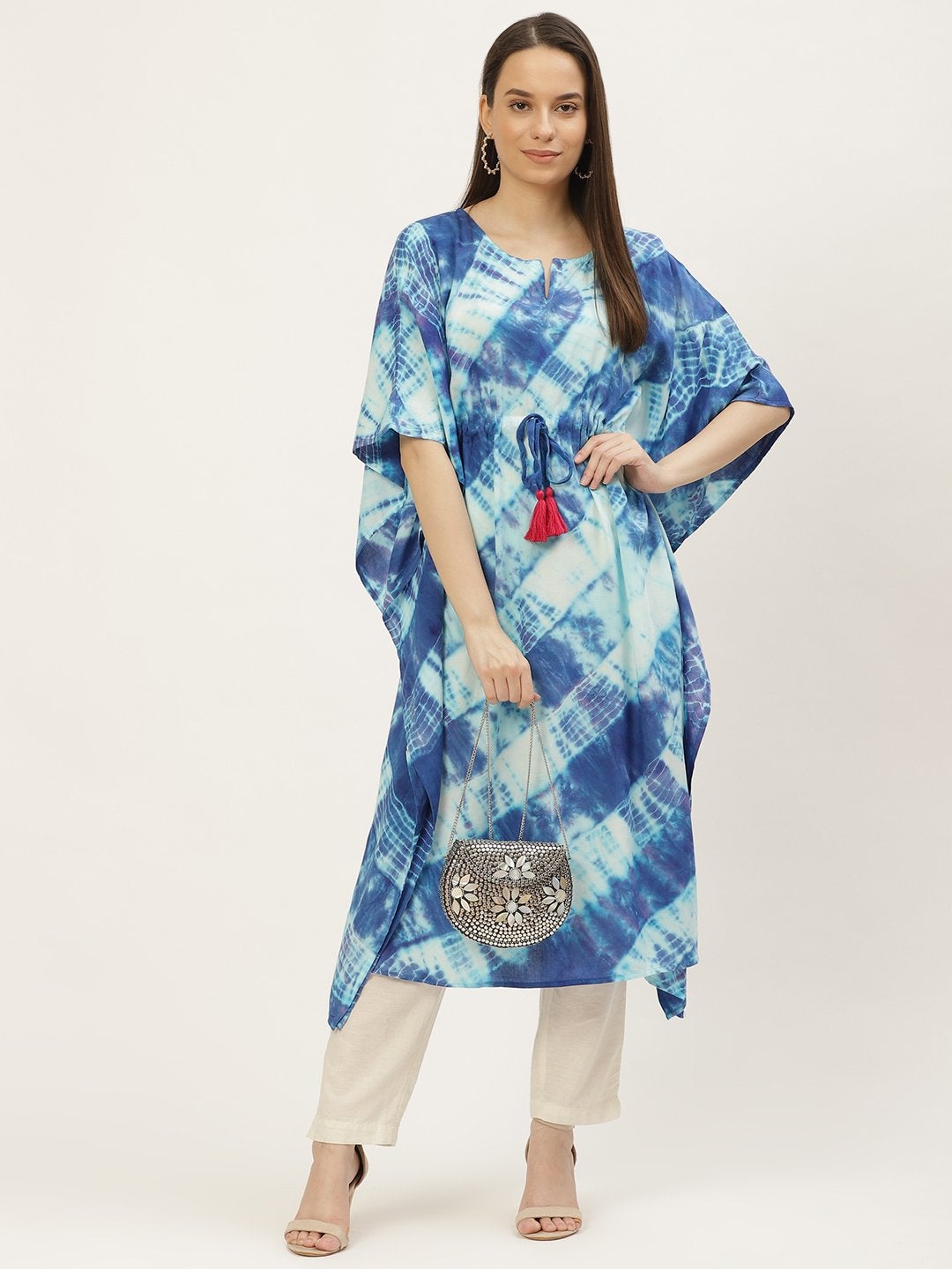 Women's Blue & Off White Dyed Extended Sleeves Kaftan Kurta (1pc) - Maaesa