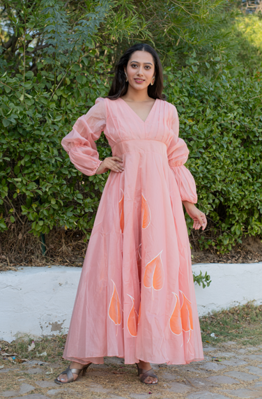 Women's Gulkaari Hand Painted Bell Sleeves Peach Gown - Saras The Label