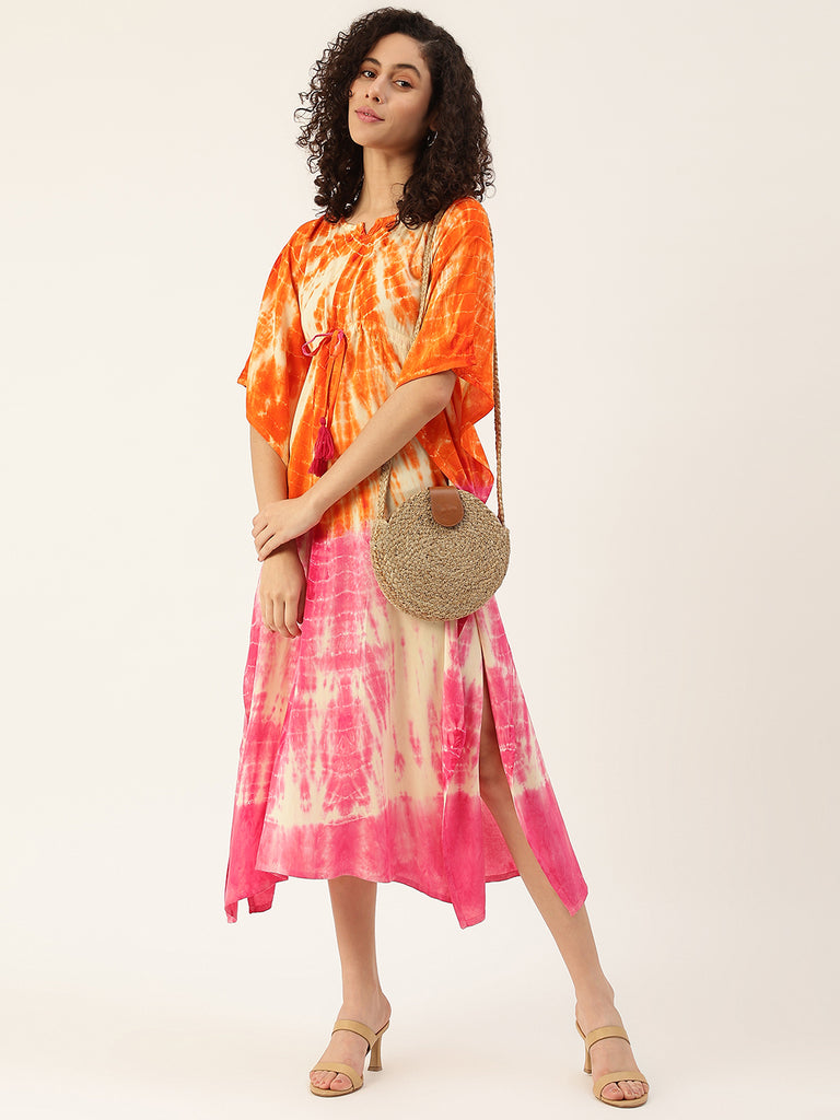 Women's Pink-orange Tie-Dye Rayon Kaftan Dress