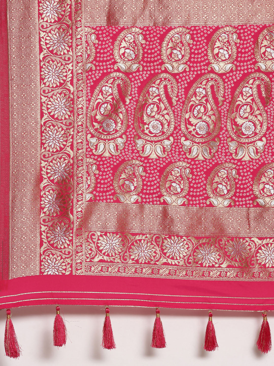 Women's Pink & Gold Satin Paisley Zari With Bandhni Banarasi Saree - Royal Dwells