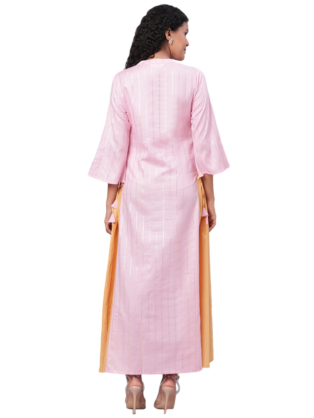Women's Pink Solid 3/4 Sleeve Cotton Round Neck Dress - Myshka