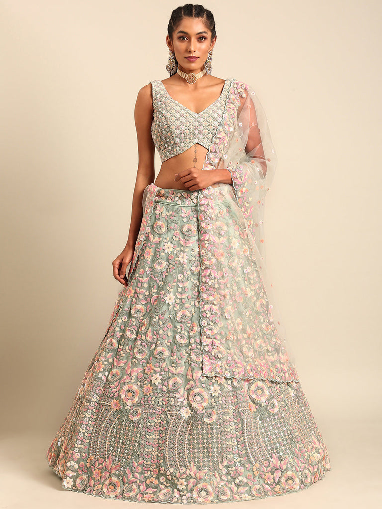 Women 's Sea green Net Multi Sequins with heavy Zarkan embroidery Ready to Wear Lehenga choli & Dupatta