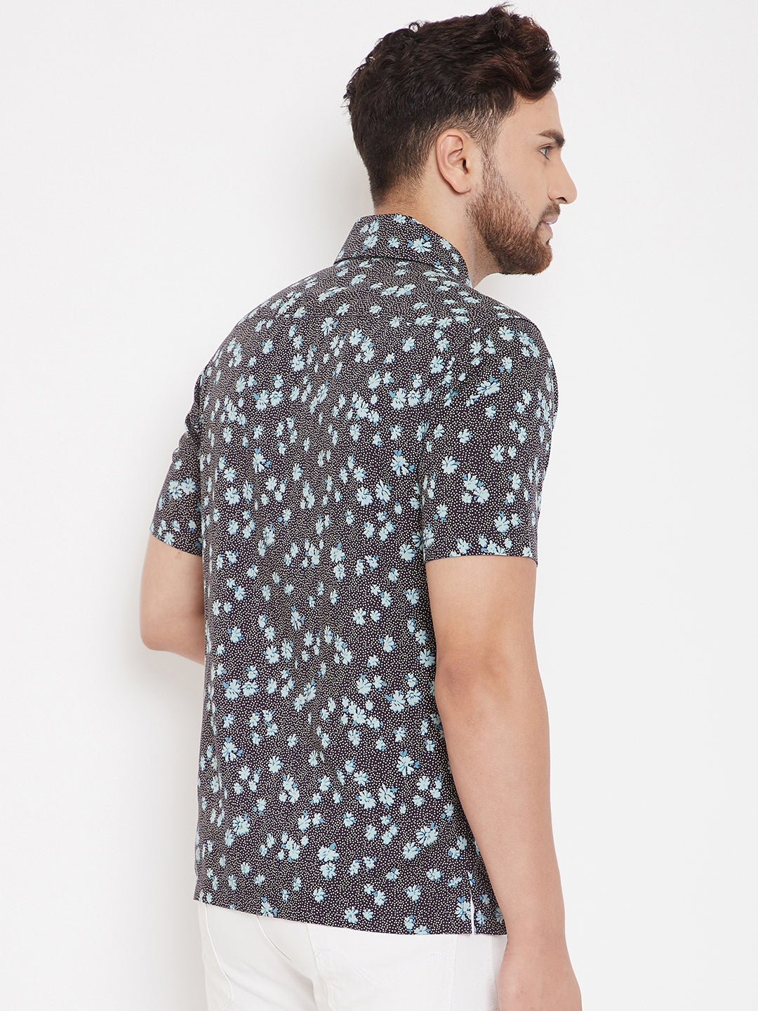 Men's Black & Aqua Floral Cuban Collar Shirt