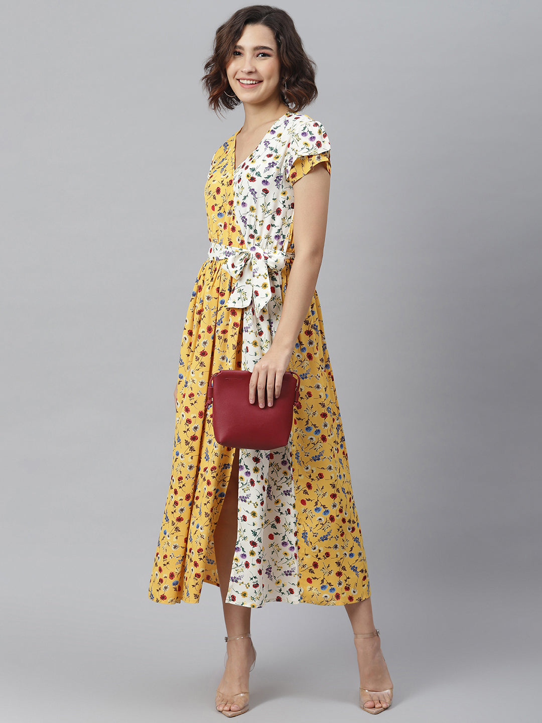 Women's Yellow & White Printed Wrap Dress with Contrast panel - StyleStone
