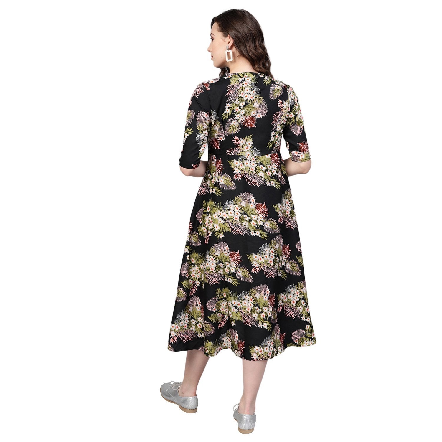 Women's Multi Polyester Printed 3/4 Sleeve Mandarin Collar Casual Dress - Myshka