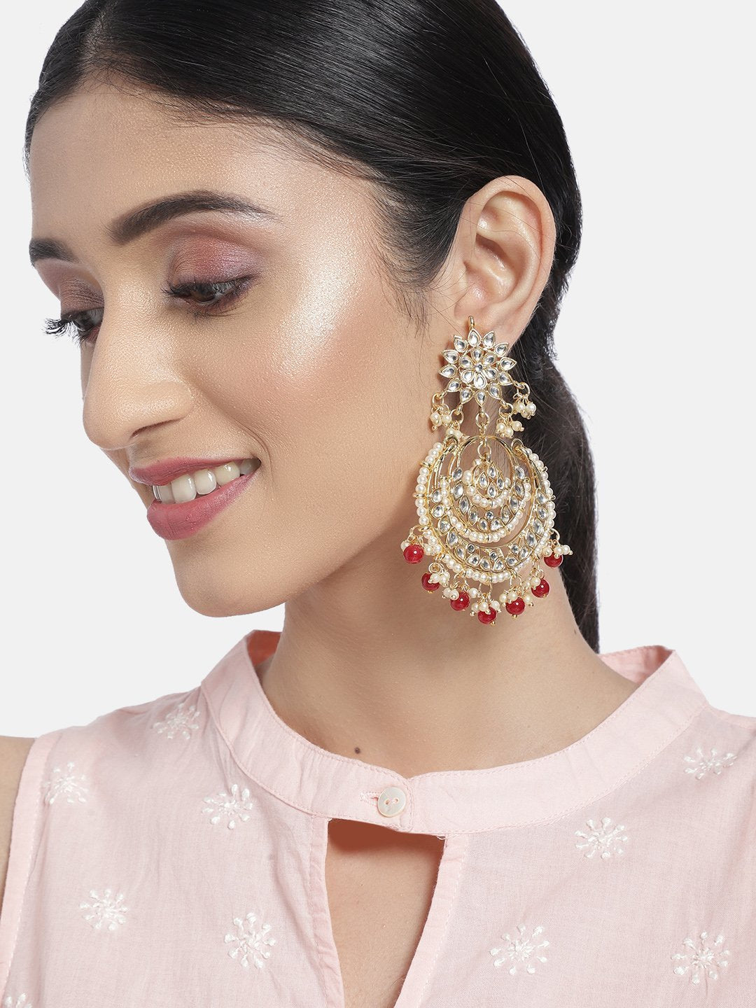 Women's  Gold Plated Alloy Red Kundan Stones Earrings  - i jewels