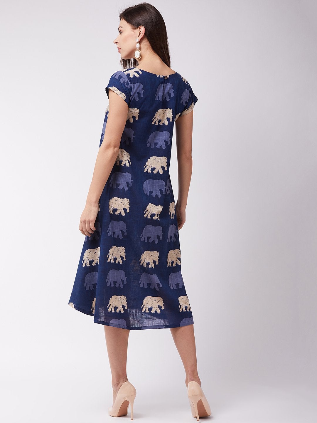 Women's Blue Elephant Motif Midi Dress - InWeave