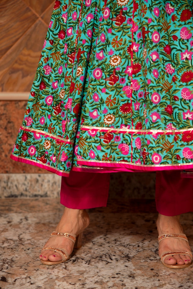 Women's Surangi Kalidaar Cotton Anarkali Set - Pomcha Jaipur