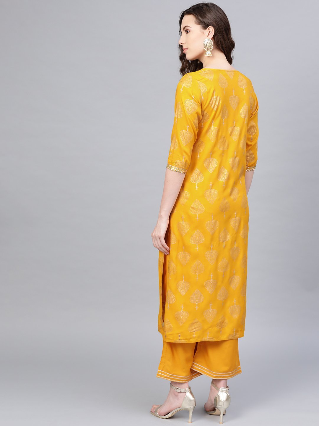 Women's Yellow Cotton Printed Half Sleeve Round Neck Casual Kurta Palazzo Set - Myshka