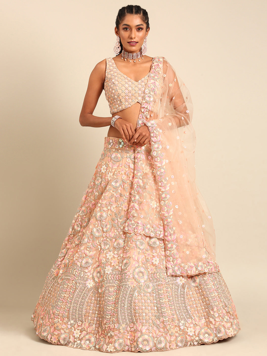 Women 's Peach Net Multi Sequins with heavy Zarkan embroidery Ready to Wear Lehenga choli & Dupatta - Royal Dwells