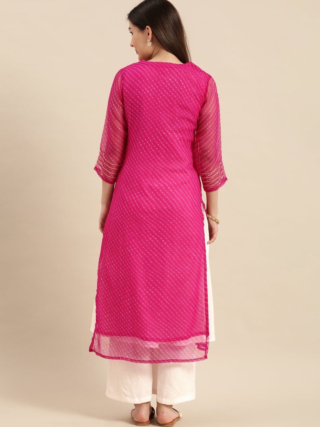 Women's Pink Leheriya Printed Gota Patti Yoke Embroidery Layered Kurta - Varanga