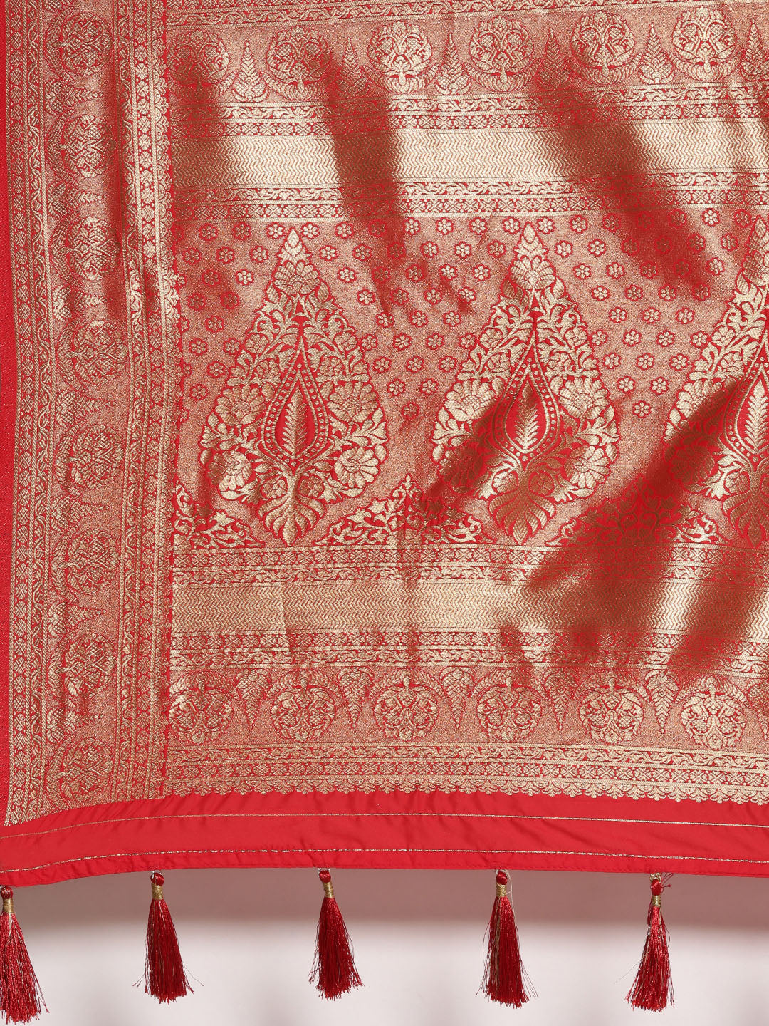 Women's Orannge-Red & Golden Satin Paisley Zari Woven Banarasi Saree - Royal Dwells
