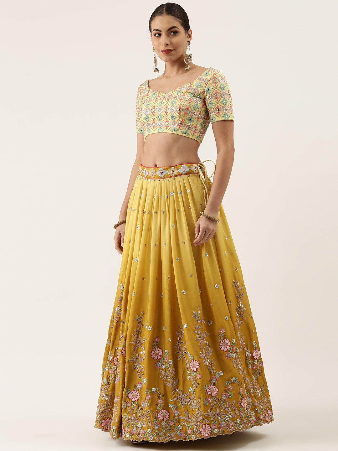 Women's Mustard Pure Georgette Sequince Work Fully Stitched Lehenga & Fully Stitched Blouse With Dupatta - Royal Dwells