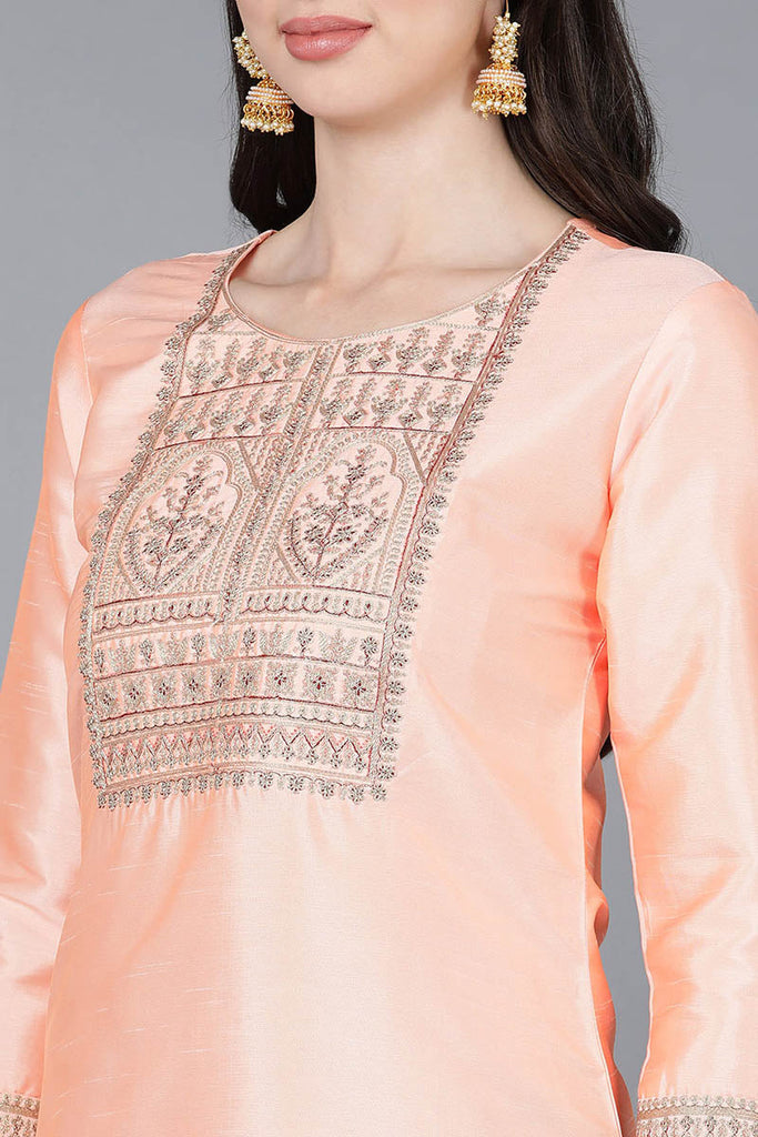 Women's Poly Silk Embroidered Kurta Pants With With Dupatta