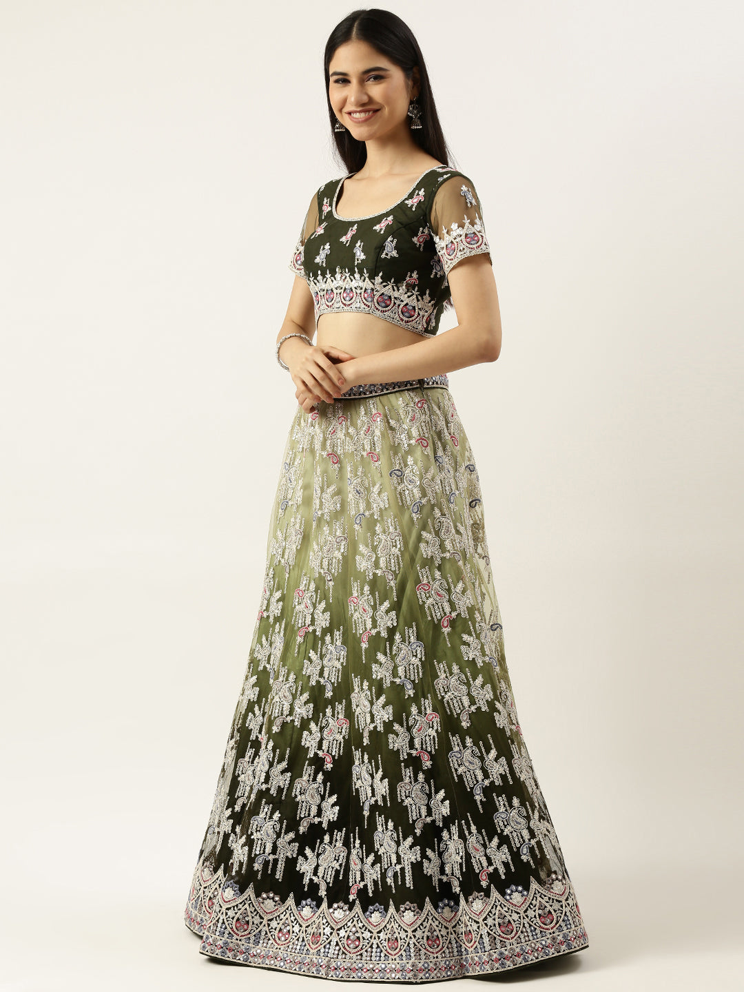Women's Green Net Multi Colour Thread Embroidered Lehenga & Blouse, Dupatta - Royal Dwells